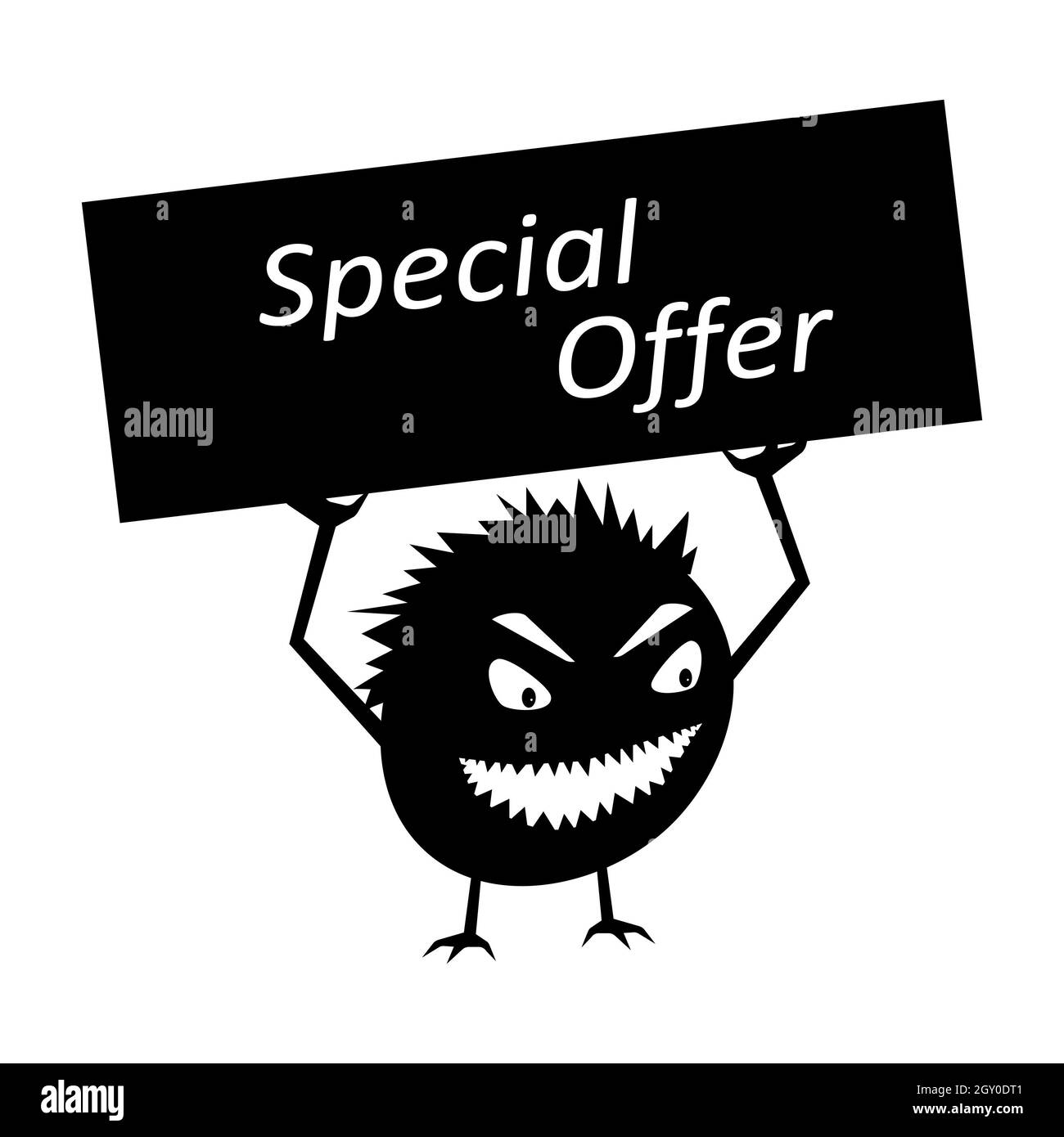Un mostro divertente malvagio sta tenendo un segno speciale di offerta. Una creatura piccola per la campagna nei negozi online. Vettore isolato. Foto Stock