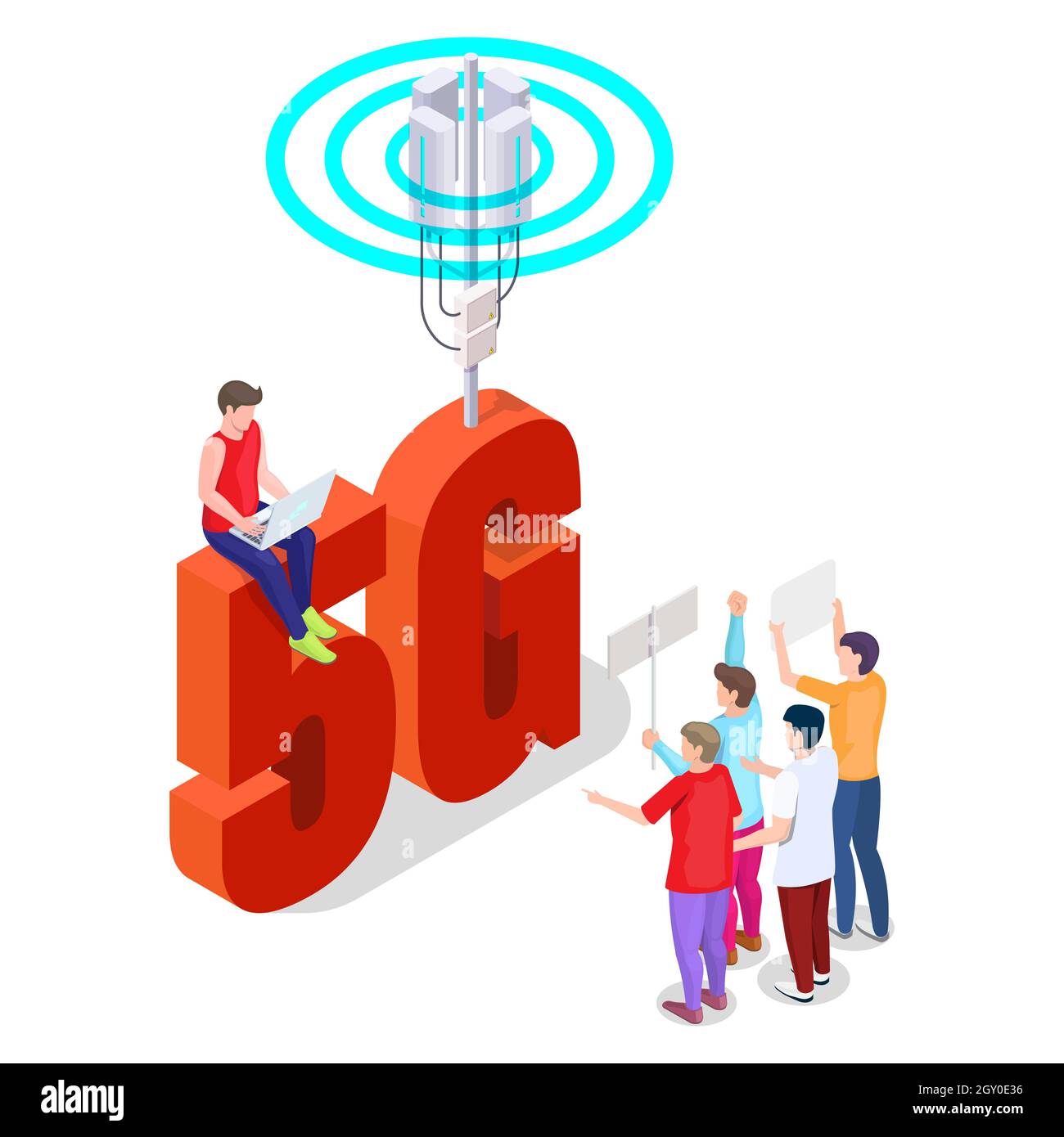 Attivisti anti 5g che protestano contro pericolose torri cellulari ad alta velocità di nuova generazione, illustrazione isometrica vettoriale. Illustrazione Vettoriale