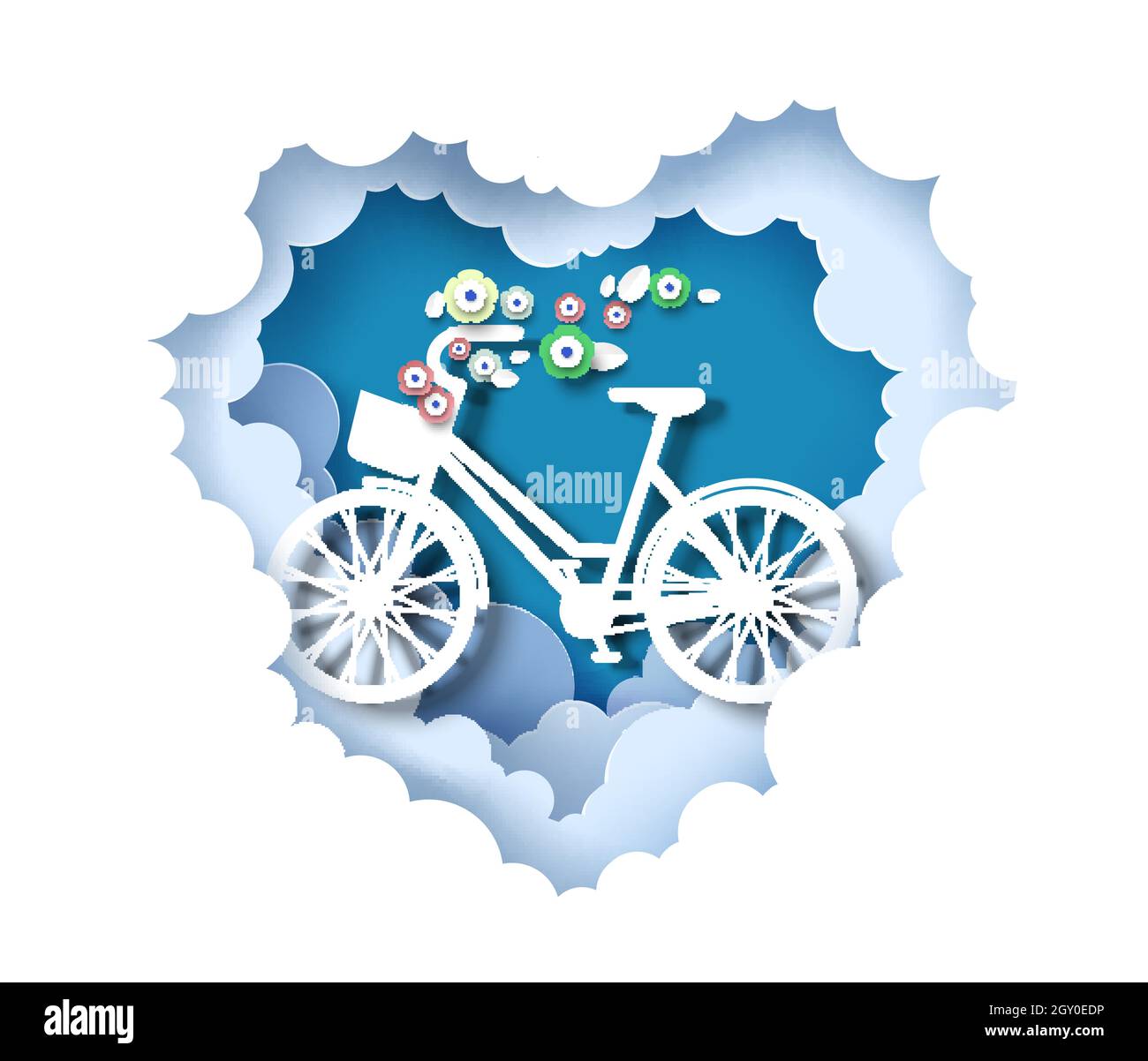 Bicicletta con cesto di fiori all'interno di carta taglio a forma di cuore nuvole, illustrazione vettoriale. Ama la bicicletta. San Valentino Card. Illustrazione Vettoriale