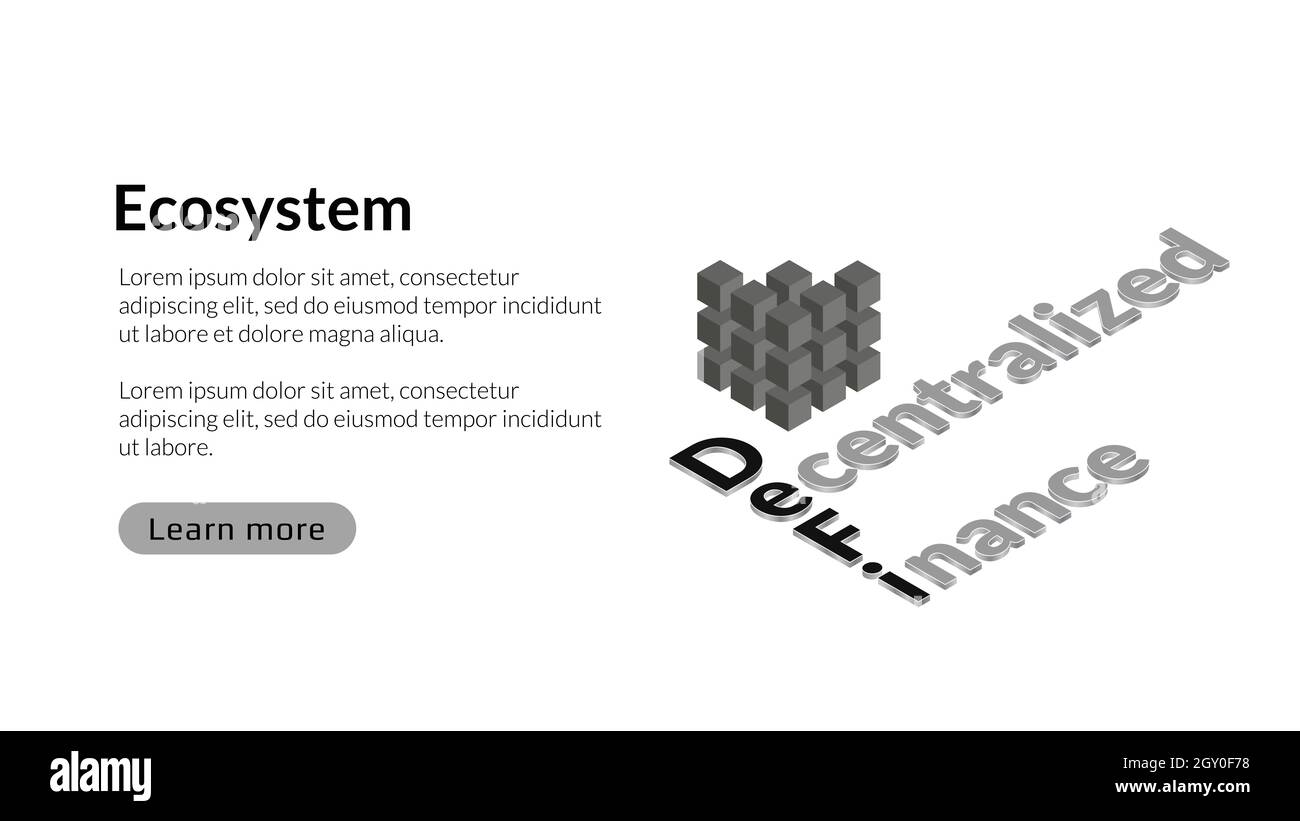 Finanza decentrata, testo isometrico in bianco e nero con spazio di copia. Layout di pagina o modello per banner o notizie. Ecosistema di applica finanziaria Foto Stock