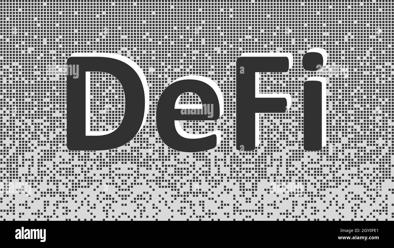 Defi - finanza decentralizzata, testo in bianco e nero su sfondo frammentato a matrice da quadrati. Ecosistema di applicazioni finanziarie e base di servizi Illustrazione Vettoriale