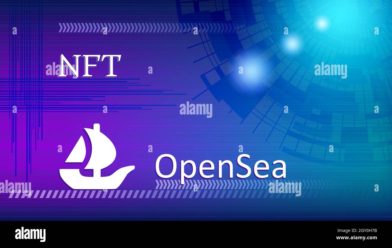 OpenSea testo e logo piattaforma internet NFT token mercato e asta su sfondo astratto colorato. Nuova tendenza nella vendita di articoli da collezione. Banner per notizie Illustrazione Vettoriale