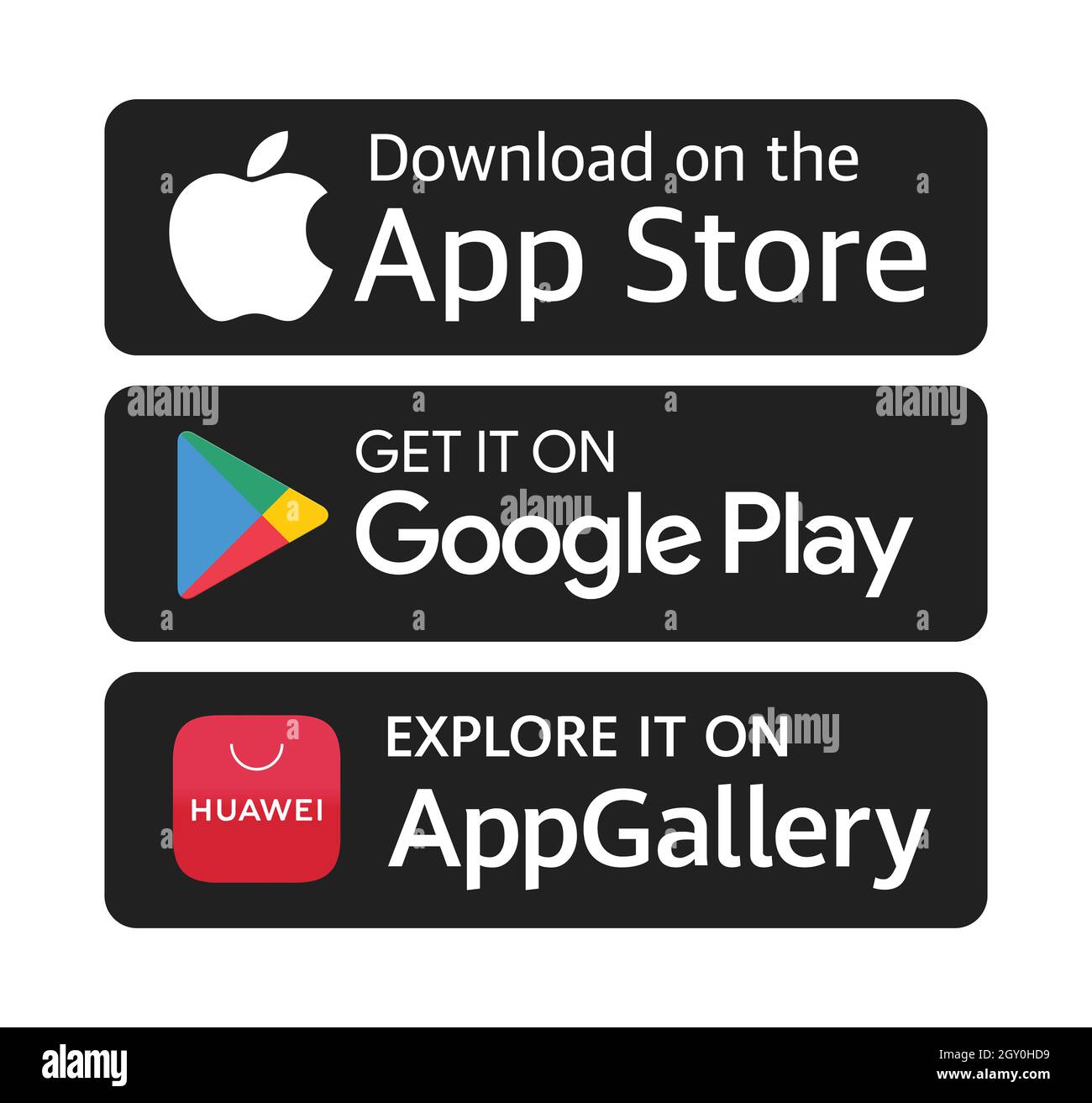 Antalya, Turchia - 6 ottobre 2021: Scarica sull'App Store, scaricalo su  Google Play, esploralo sulle icone dei pulsanti di Huawei AppGallery,  stampate su carta Foto stock - Alamy