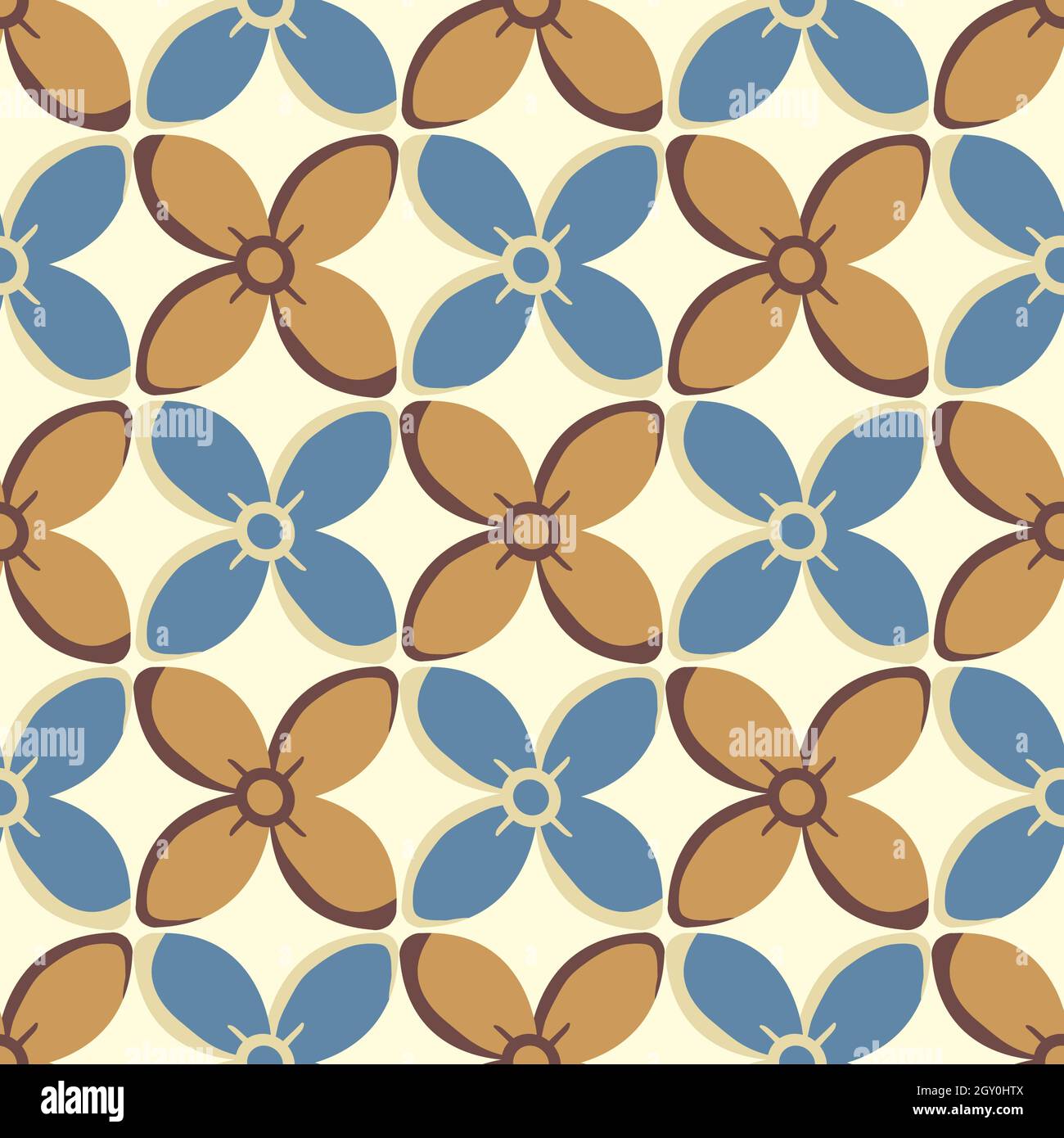 Semplice stile medievale stilizzato fiori vettore pattern sfondo. Motivi floreali in oro ocra blu disegnati a mano su sfondo chiaro. Storico geometrico Illustrazione Vettoriale