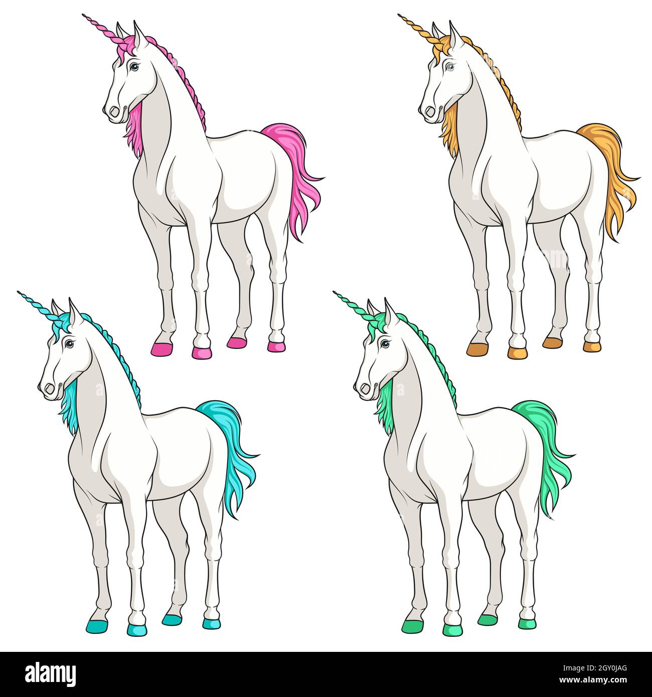 Set di unicorni colorati multicolore. Oggetti vettoriali isolati su sfondo bianco. Illustrazione Vettoriale