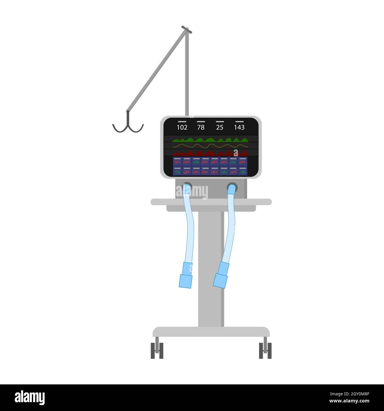 Il dispositivo per la ventilazione artificiale dei polmoni. CPAP. Una stazione di respirazione mobile. Apnea nel sonno. Vettore isolato EPS10. Illustrazione Vettoriale