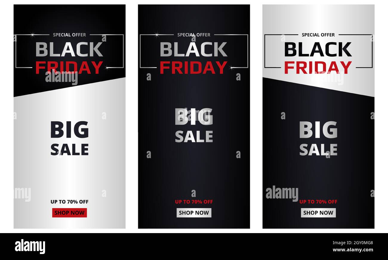 Black friday, collezione banner. Set di striscioni verticali Black friday dark e Silver. Grandi sconti, offerta speciale, fino al 70% di sconto. Illustrazione Vettoriale