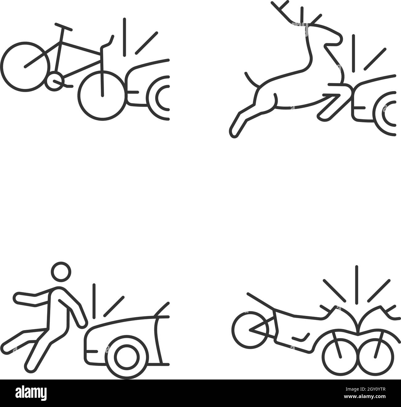 Scenari di collisione con il traffico icone lineari impostate Illustrazione Vettoriale