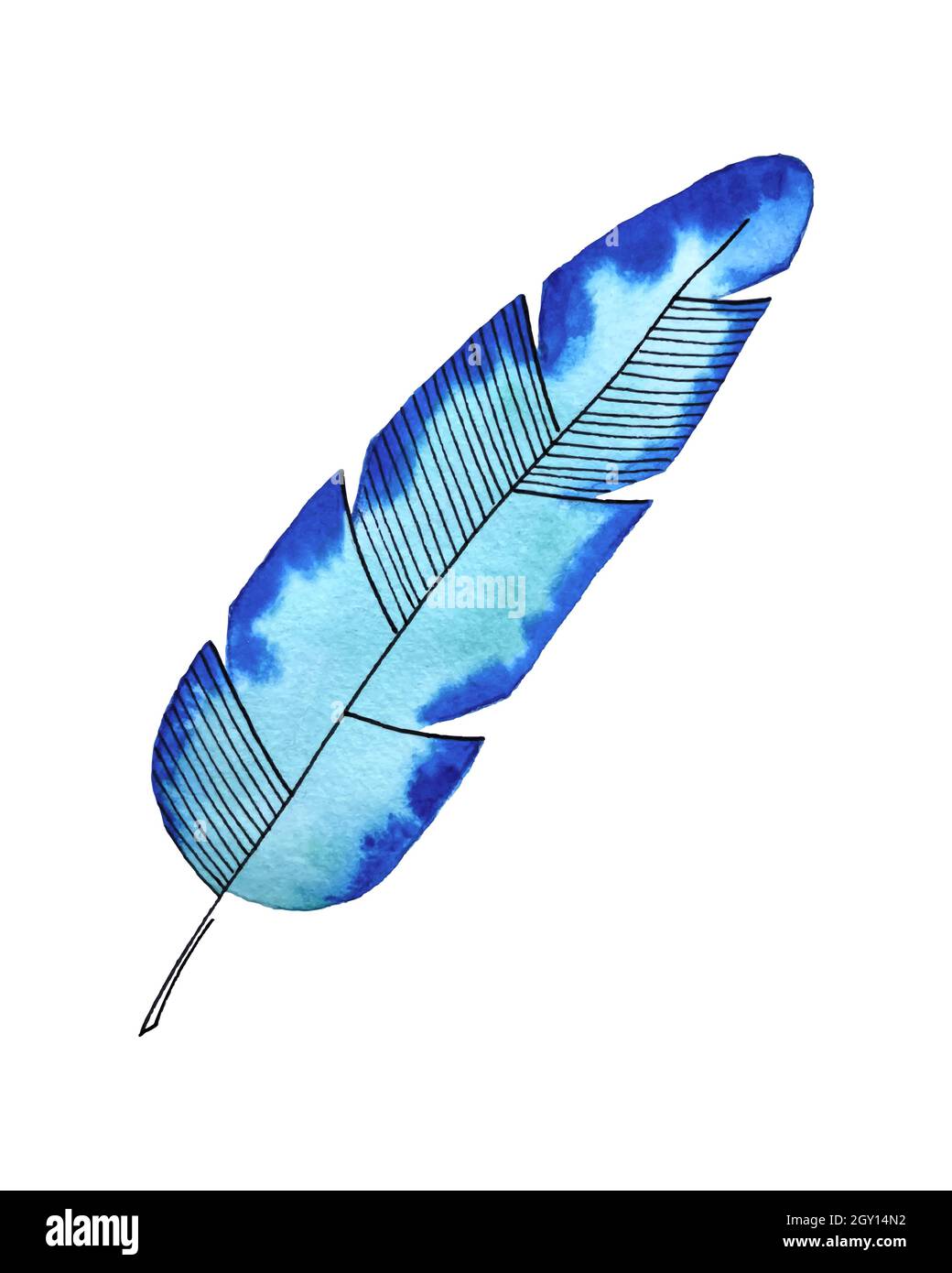 Foglia di palma acquerello stilizzato doodling disegno a mano, decorativo, per arredamento, colore turchese blu, isolato, su sfondo bianco, per il tuo design. Illustrazione vettoriale Illustrazione Vettoriale