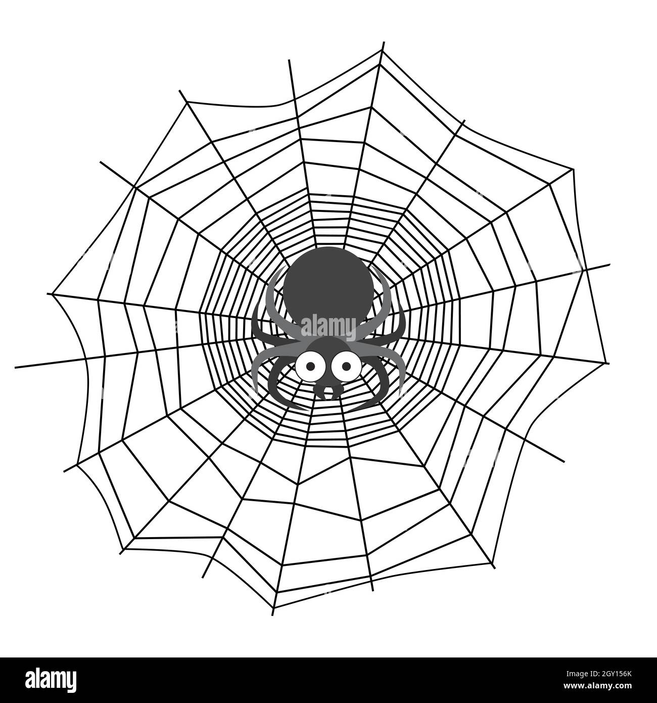 Illustrazione vettoriale in bianco e nero del ragno nel centro Spiderweb. Intrappolamento di trame di ragno pericolose. Terribile artropode attende preda in trappola tessuta. Monochr Illustrazione Vettoriale