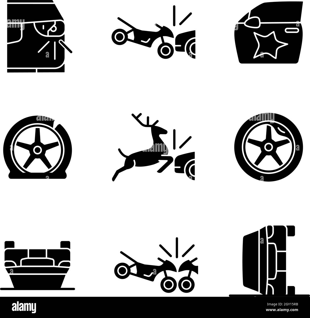 L'auto comune crash icone glyph nero impostato su spazio bianco Illustrazione Vettoriale