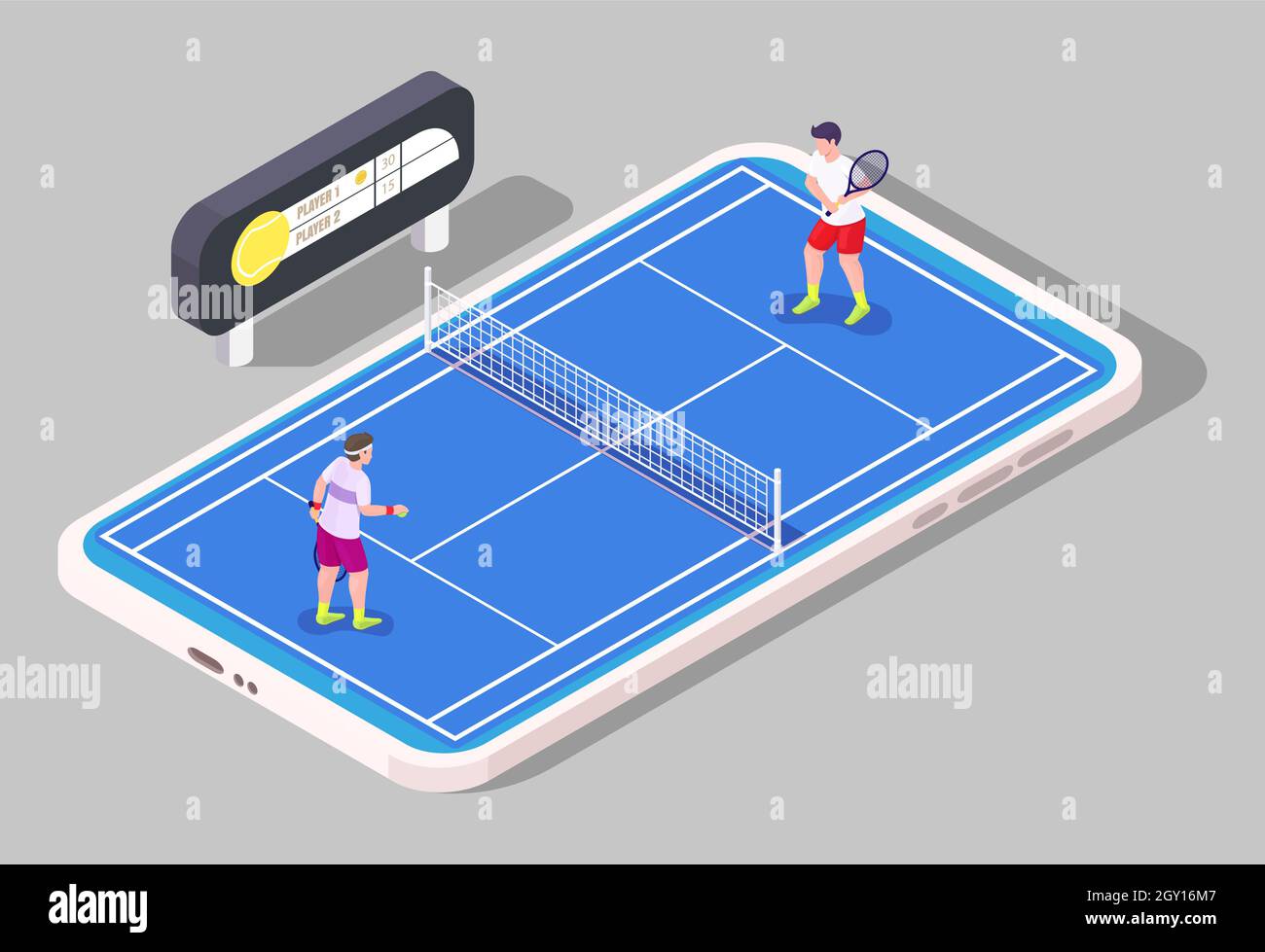 Tennis mobile, illustrazione isometrica vettoriale. Campo da tennis, giocatori, tabellone sullo schermo dello smartphone. Gioco di sport online. Illustrazione Vettoriale