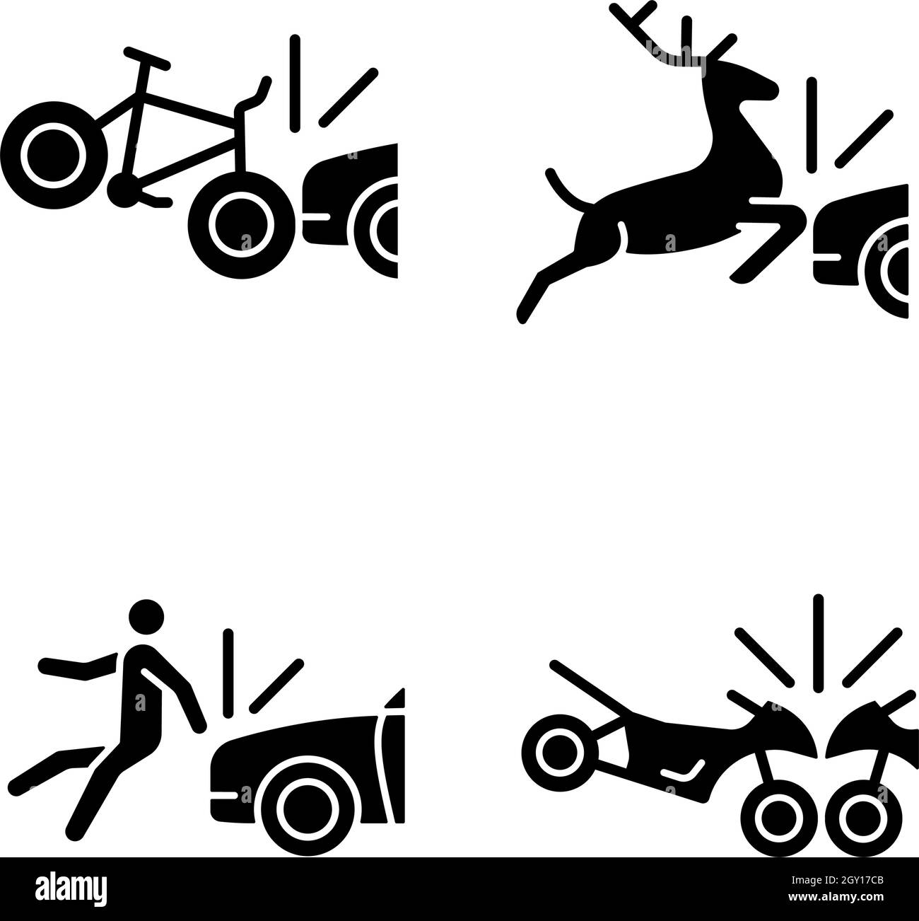 Scenari di collisione con il traffico icone glyph nere impostate su spazio vuoto Illustrazione Vettoriale