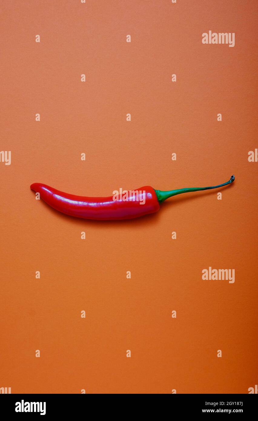 peperoncino rosso caldo su sfondo arancione Foto Stock
