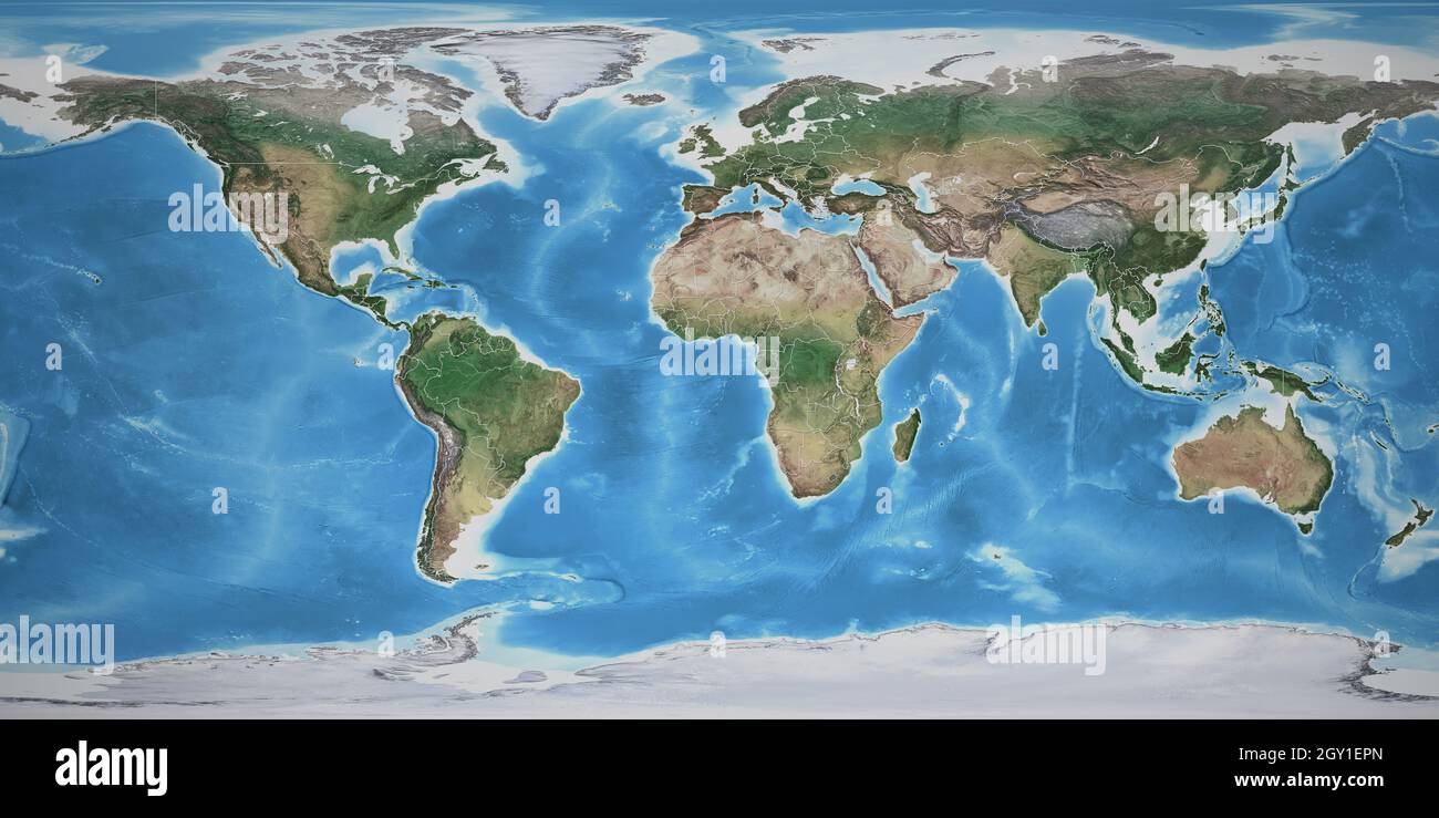 Mappa fisica del mondo, con dettagli ad alta risoluzione e confini terrestri. Vista satellite appiattita del pianeta Terra. Elementi forniti dalla NASA Foto Stock