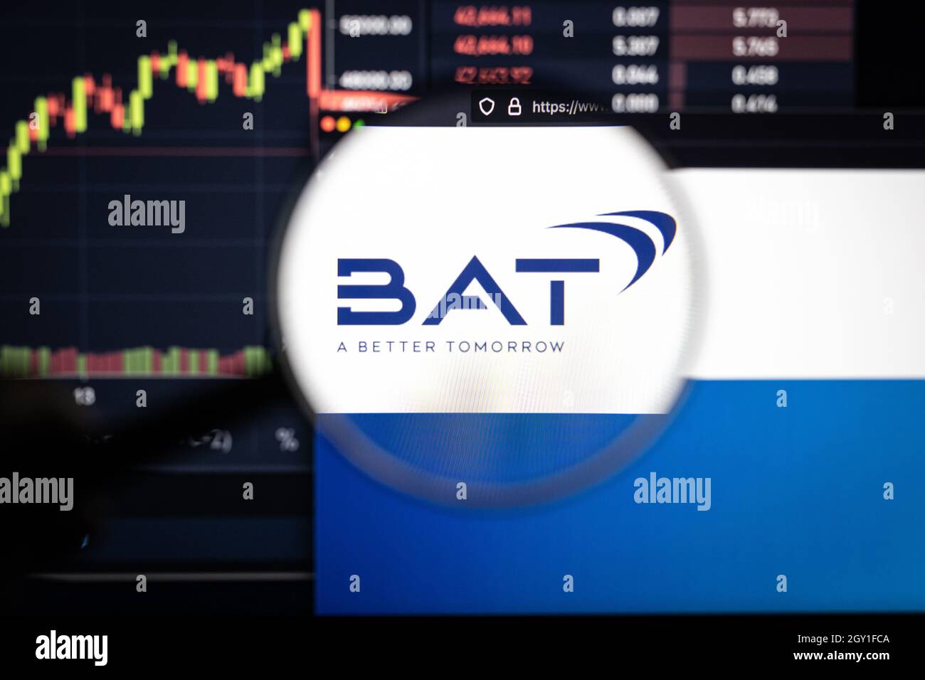 BAT Company logo su un sito web con blurry di mercato azionario sviluppi in background, visto su uno schermo di computer attraverso una lente d'ingrandimento Foto Stock