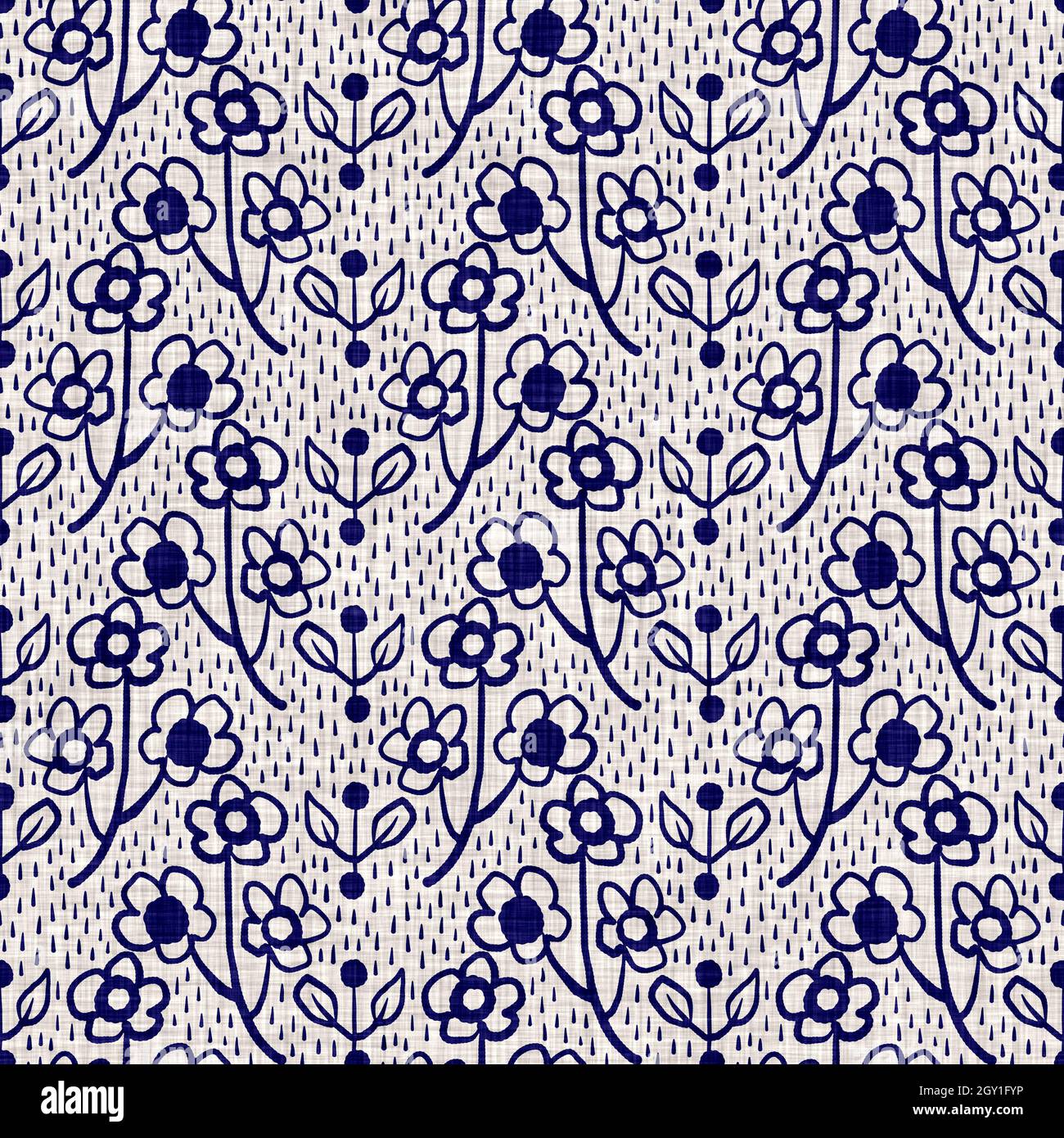 Indigo blu fiore blocco stampa tinta tessuto di lino sfondo. Campione giapponese di ripetizione batik tessuto senza cuciture. Sfocatura floreale organica afflosciata Foto Stock