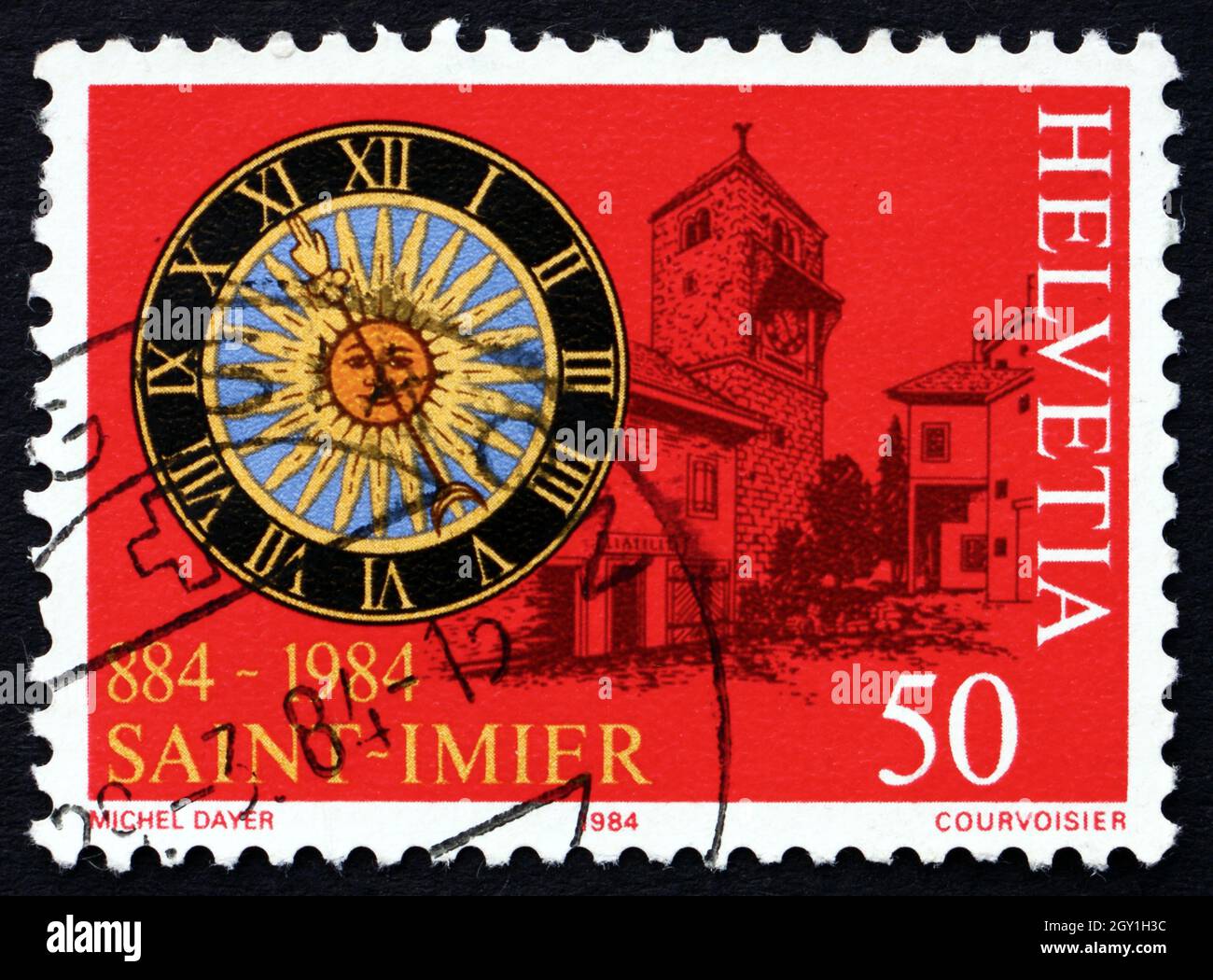SVIZZERA - CIRCA 1984: Un francobollo stampato in Svizzera mostra la vista di San Imier, 1100o anniversario, circa 1984 Foto Stock