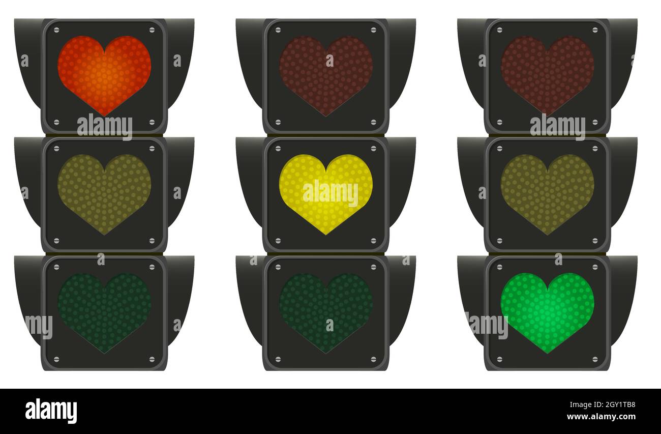 Love semaforo tre colori cuore forma concetto creativo. Segnaletica stradale, tre colori. Illustrazione vettoriale isolata su bianco. Illustrazione Vettoriale