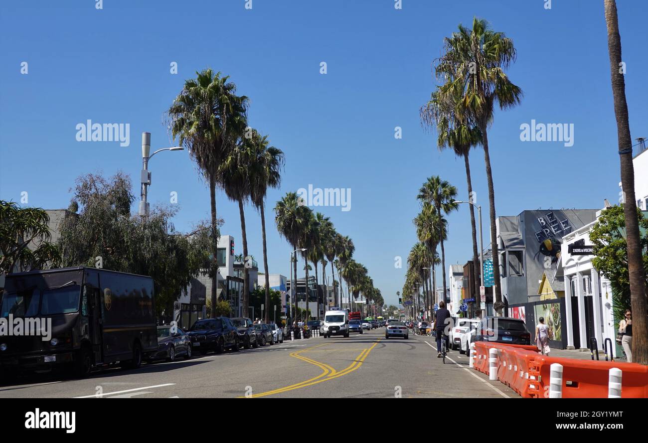 Mattina presto su un tranquillo Abbot Kinney Boulevard, Venezia, Los Angeles, California, USA Foto Stock