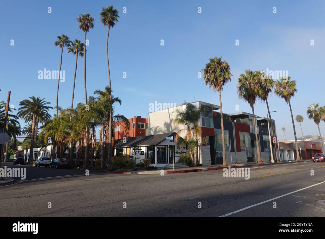 Mattina presto su un tranquillo Abbot Kinney Boulevard, Venezia, Los Angeles, California, USA Foto Stock