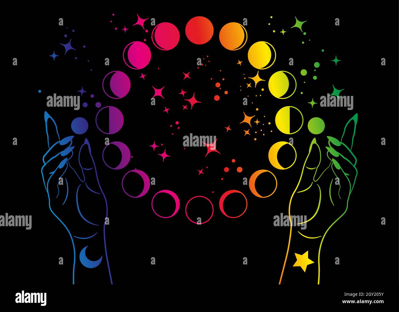 Fasi mistiche della luna e mani della donna, colorato spettro pagano Wiccan dea simbolo, alchimia esoterico spazio magico, ruota sacra ciclo lunare, vettore Illustrazione Vettoriale