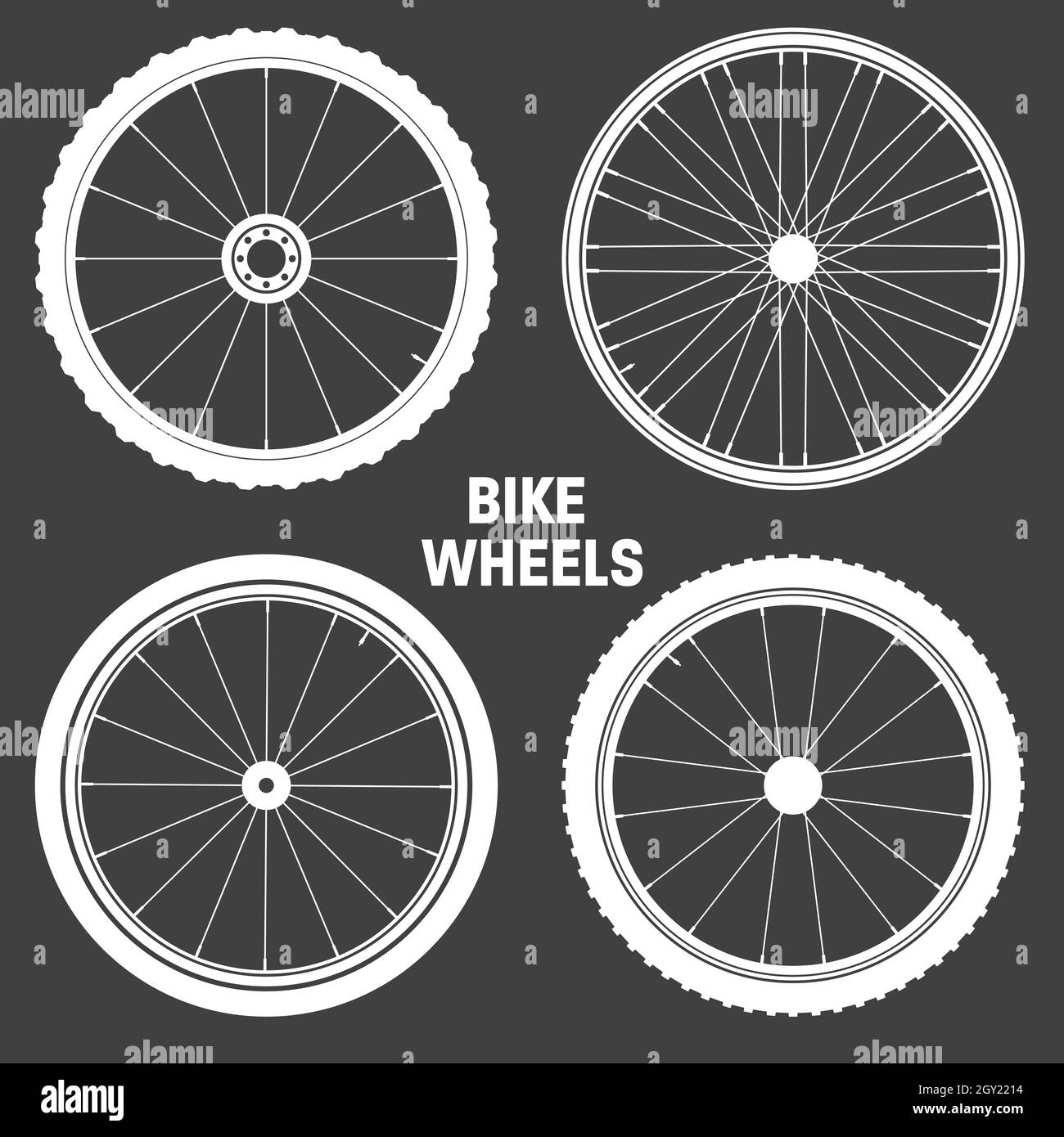 Collezione di simboli ruota per bicicletta. Silhouette pneumatici in gomma per bicicletta. Fitness cycle, strada e mountain bike. Illustrazione vettoriale. Illustrazione Vettoriale