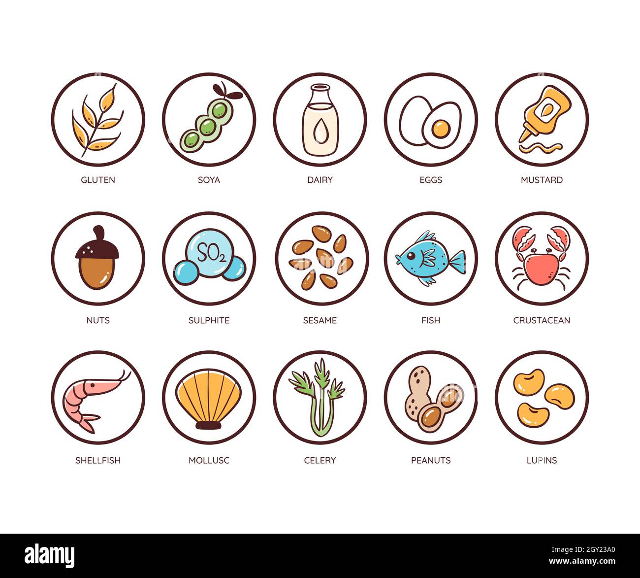 Set di icone allergeni alimentari. Icone dei principali ingredienti che devono essere dichiarati allergeni. Molto utile per i menu e i pasti del ristorante. Vettore colorato Illustrazione Vettoriale