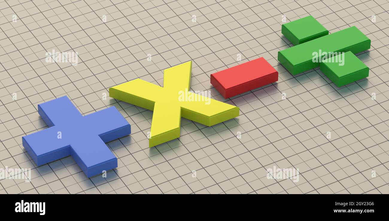 Simboli matematici segni matematici colorati di base su sfondo quadrato a griglia. Calcolo, concetto di operazioni matematiche. illustrazione 3d Foto Stock