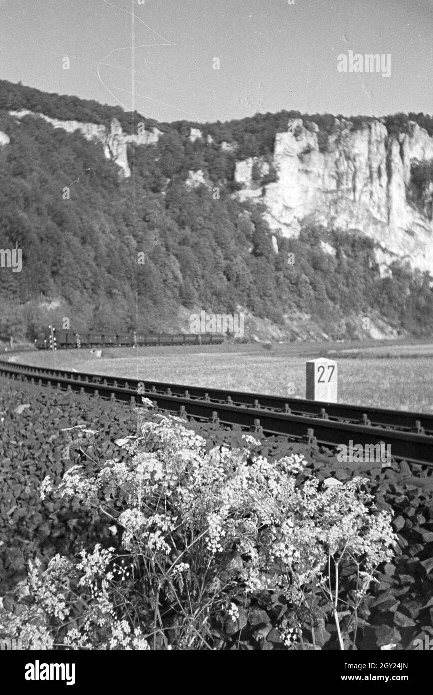 Idyllisches Schwarzwaldpanorama mit durch das Tal führenden Gleisen, Deutschland 1930er Jahre. Idillica vista panoramica della Foresta Nera con le ferrovie che conduce attraverso la valle, Germania 1930s. Foto Stock