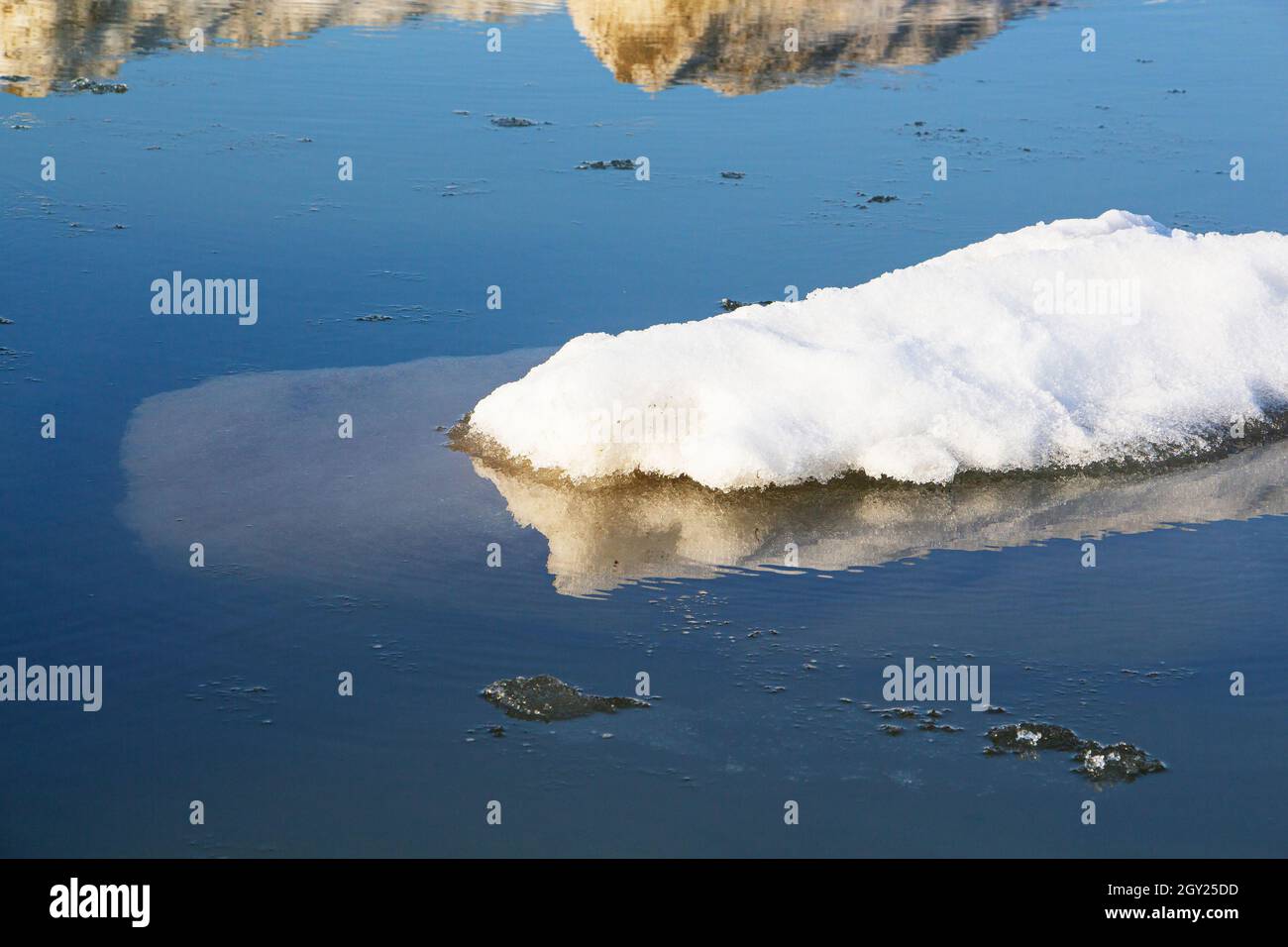 Primo piano di un grande pezzo di ghiaccio in acqua blu. Riscaldamento globale, ghiacciai in fusione Foto Stock