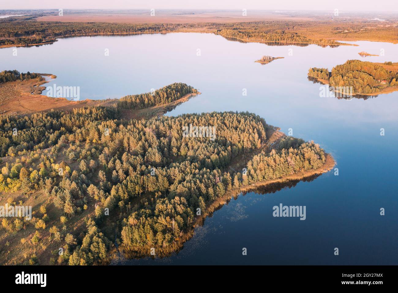 Distretto di Braslaw, Vitebsk Voblast, Bielorussia. Vista aerea del lago Ikazn, verde foresta paesaggio. Vista dall'alto della splendida natura europea Foto Stock