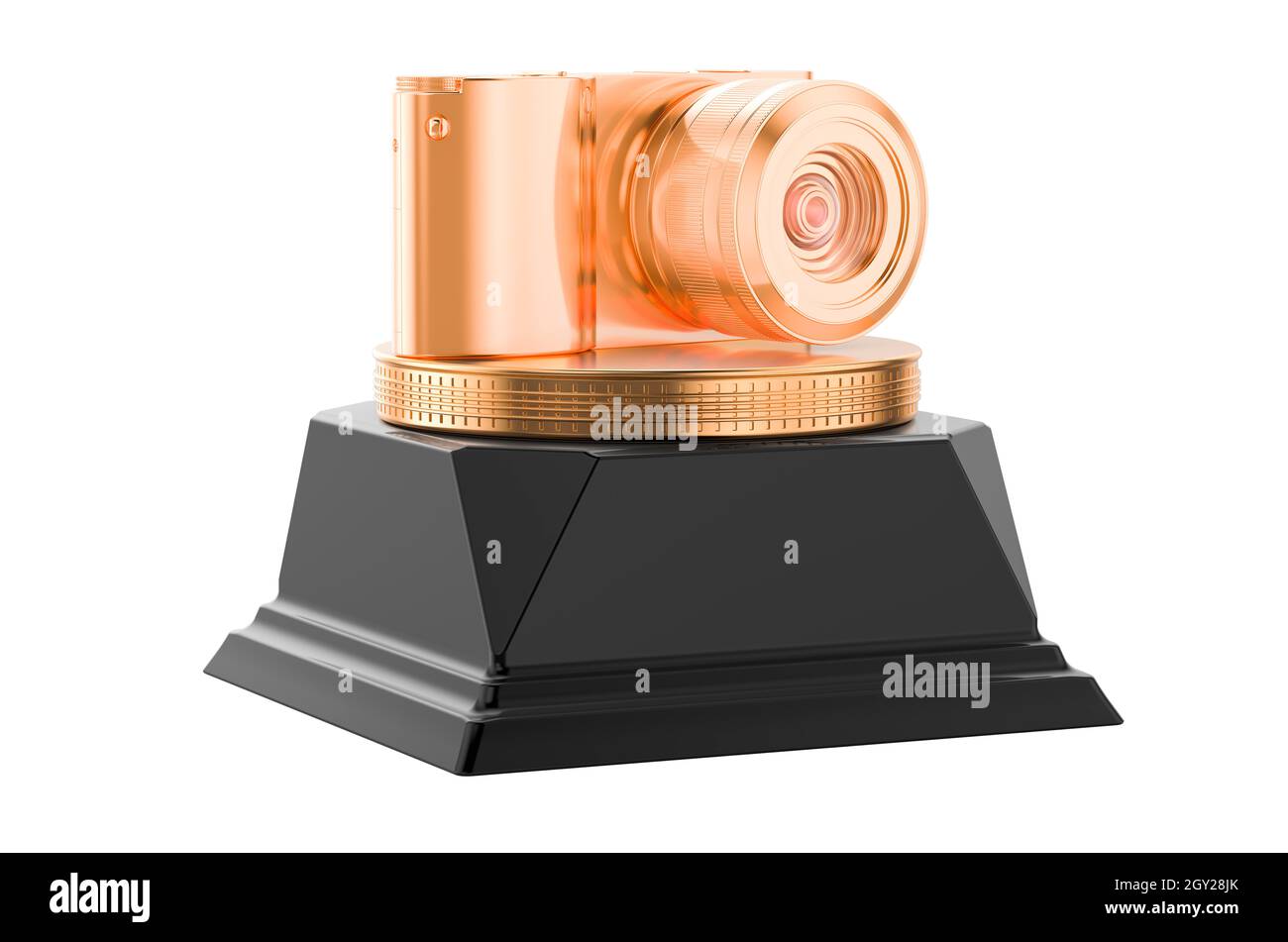 Fotocamera digitale Mirrorless Golden Award Concept. Rendering 3D isolato su sfondo bianco Foto Stock