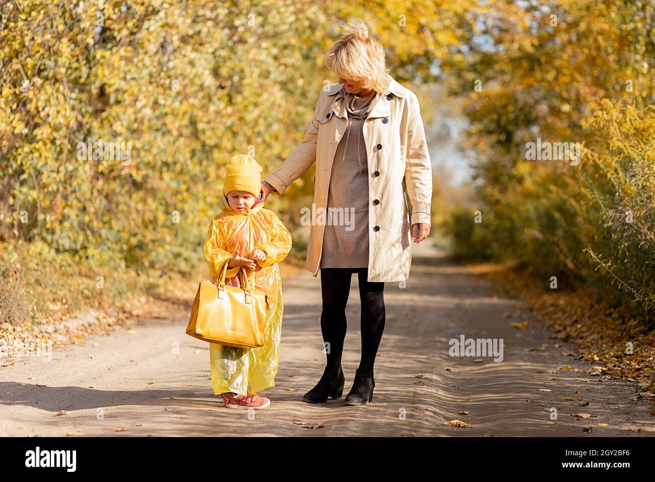 Foto di una giovane donna cammina con la bambina, figlia, 5 anni di tenuta mano su strada tra gli alberi, foglie gialle autunno, caduta Foto Stock