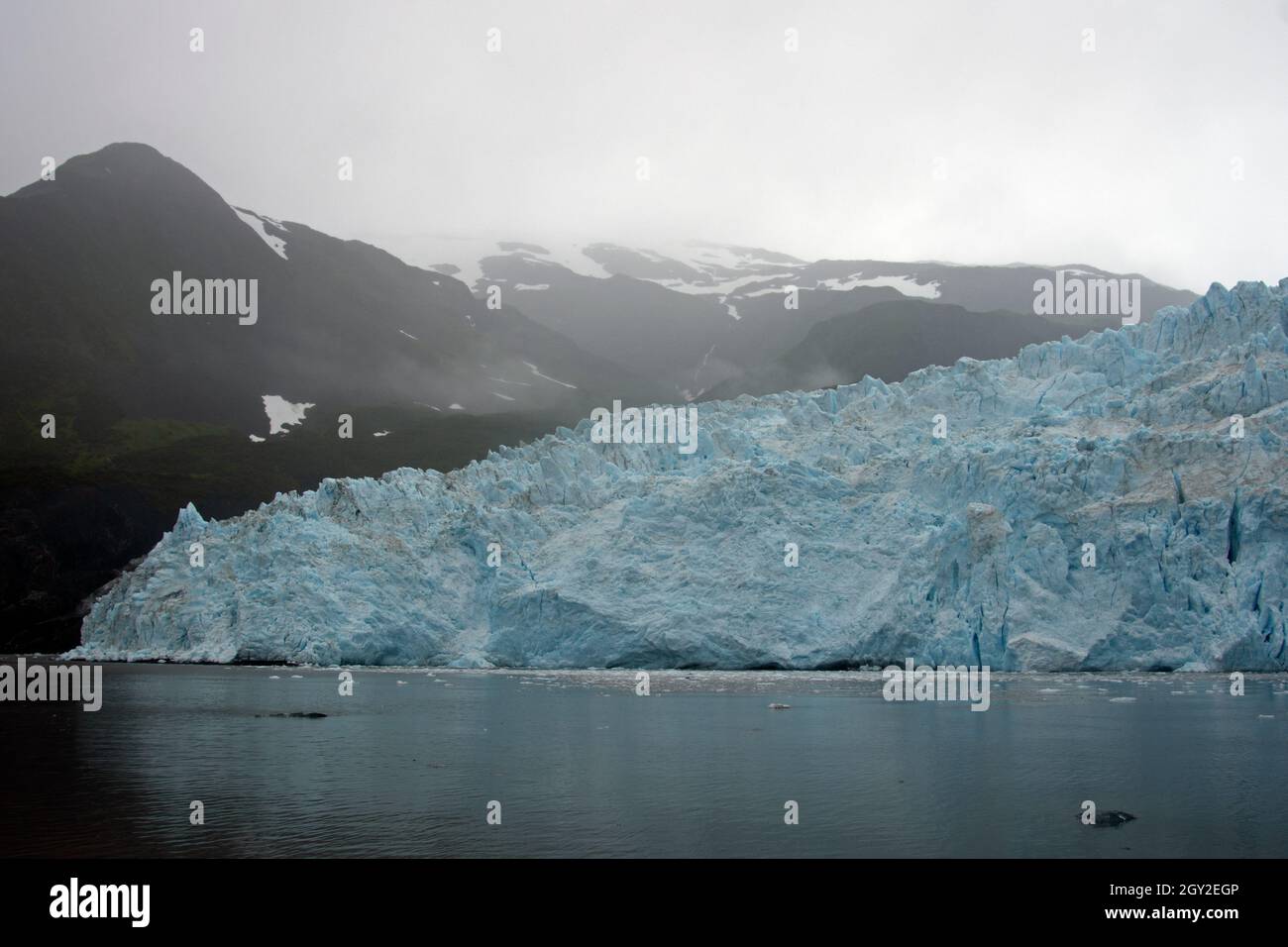 Parete di ghiaccio blu all'estremità anteriore del ghiacciaio di Aialik, della baia di Aialik, del parco nazionale di Kenai Fjords, Alaska, Stati Uniti Foto Stock
