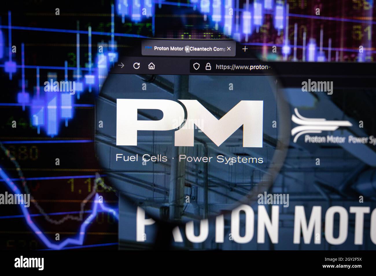 Proton Motor Fuel Cells Power Systems logo azienda su un sito web con blurry sviluppi del mercato azionario in background, visto su uno schermo del computer Foto Stock