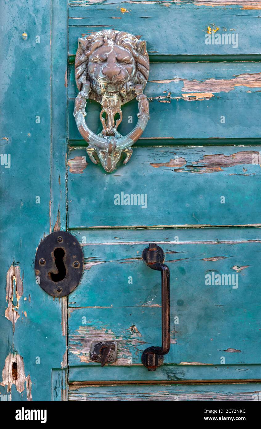 antica maschera leone ottone bussare porta su una vecchia vintage verde dipinta shabby elegante porta con un escuccheon e maniglia. porta bussare su vecchia porta dipinta. Foto Stock