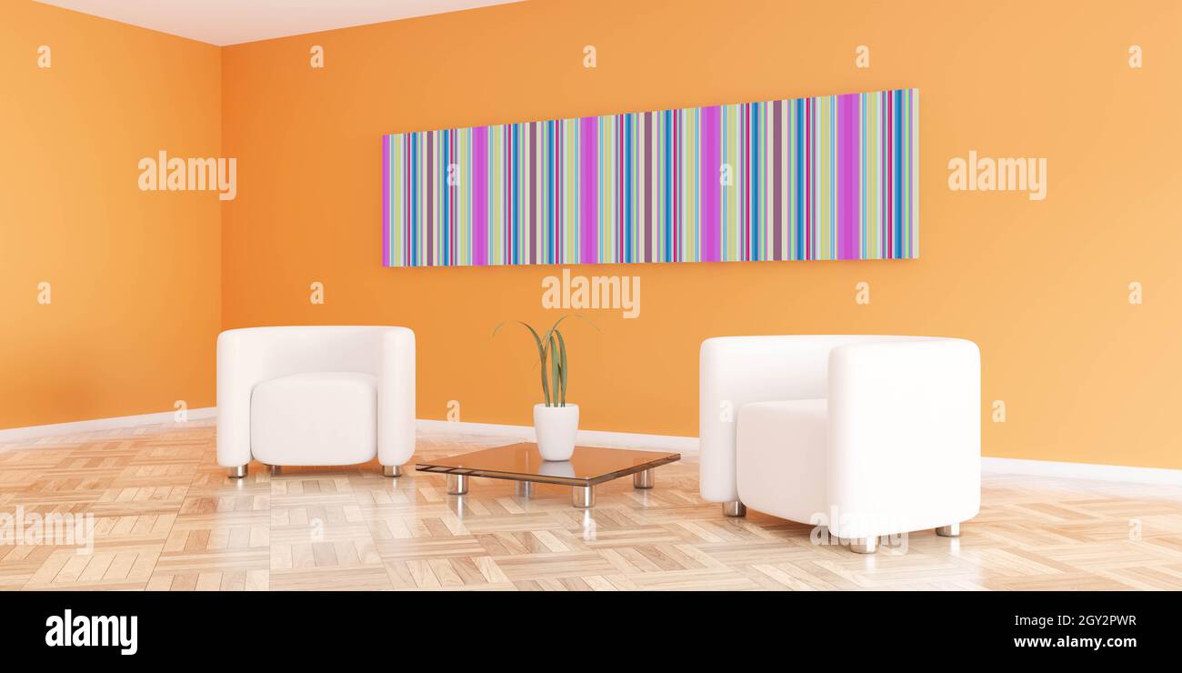 interni minimalisti dello studio con pareti arancioni, poltrona e tavolo, raffigurazione 3d Foto Stock