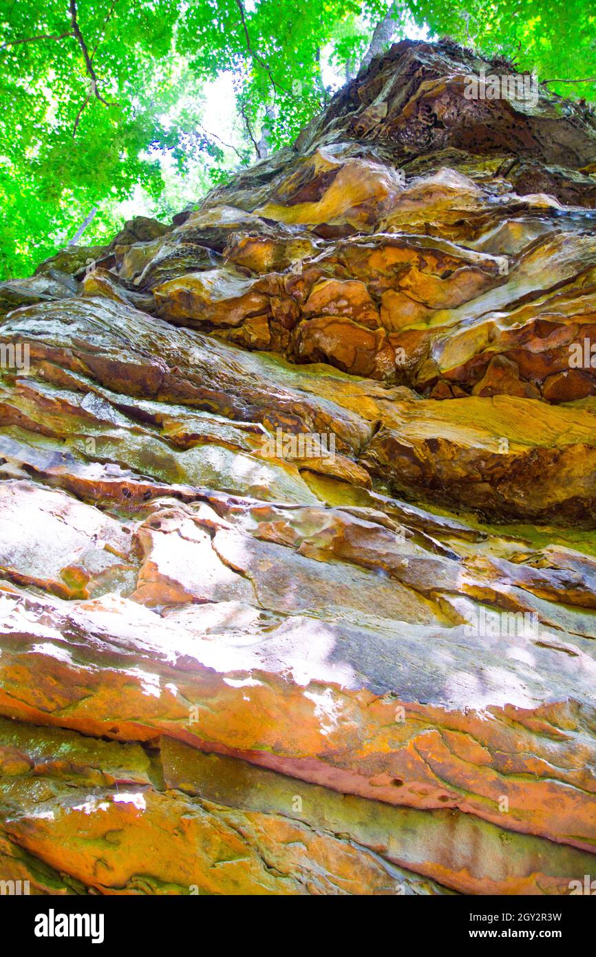 Strati di roccia accatastati sopra l'uno l'altro in una foresta Foto Stock