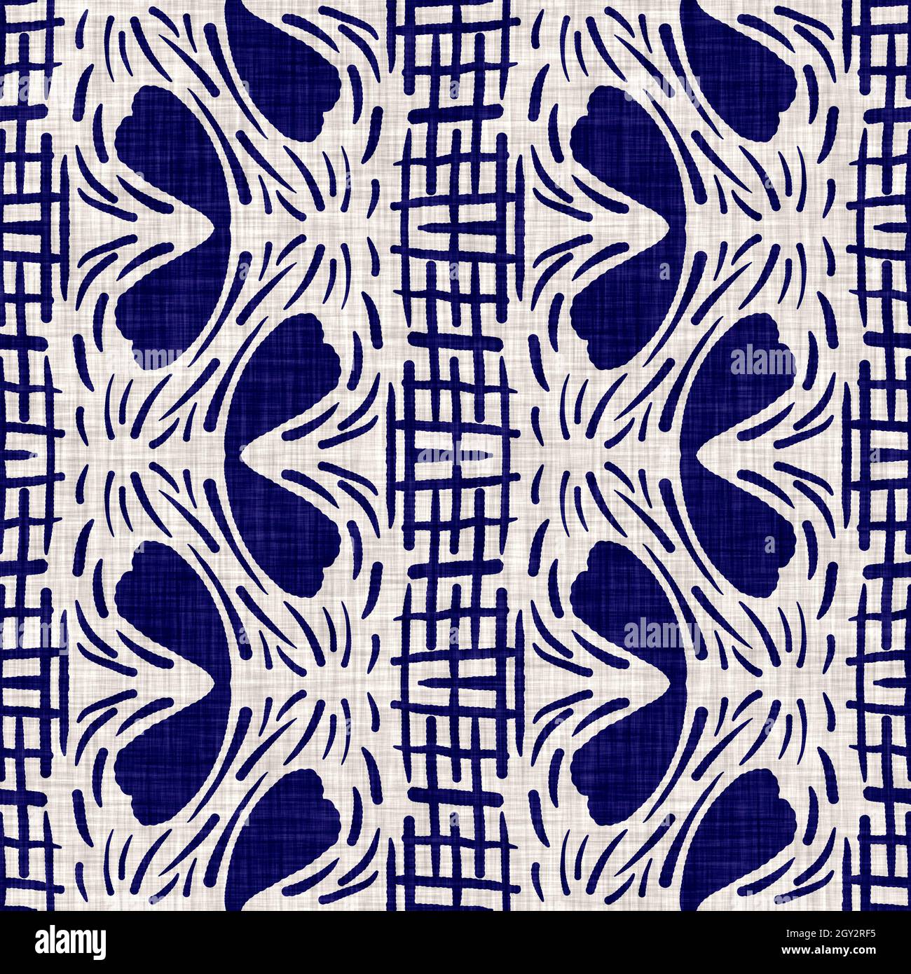 Indigo blu fogliame blocco stampa tinto lino texture sfondo. Ripetizione batik tessuto giapponese senza cuciture. Sfocatura floreale organica stressata Foto Stock
