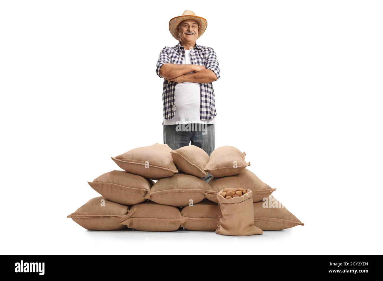 Coltivatore maturo in piedi dietro un mucchio di sacchi con patate isolate su sfondo bianco Foto Stock