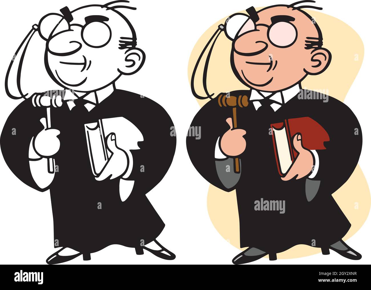 Un fumetto retrò d'epoca di un giudice di corte che tiene il suo gavel e un libro di legge. Illustrazione Vettoriale