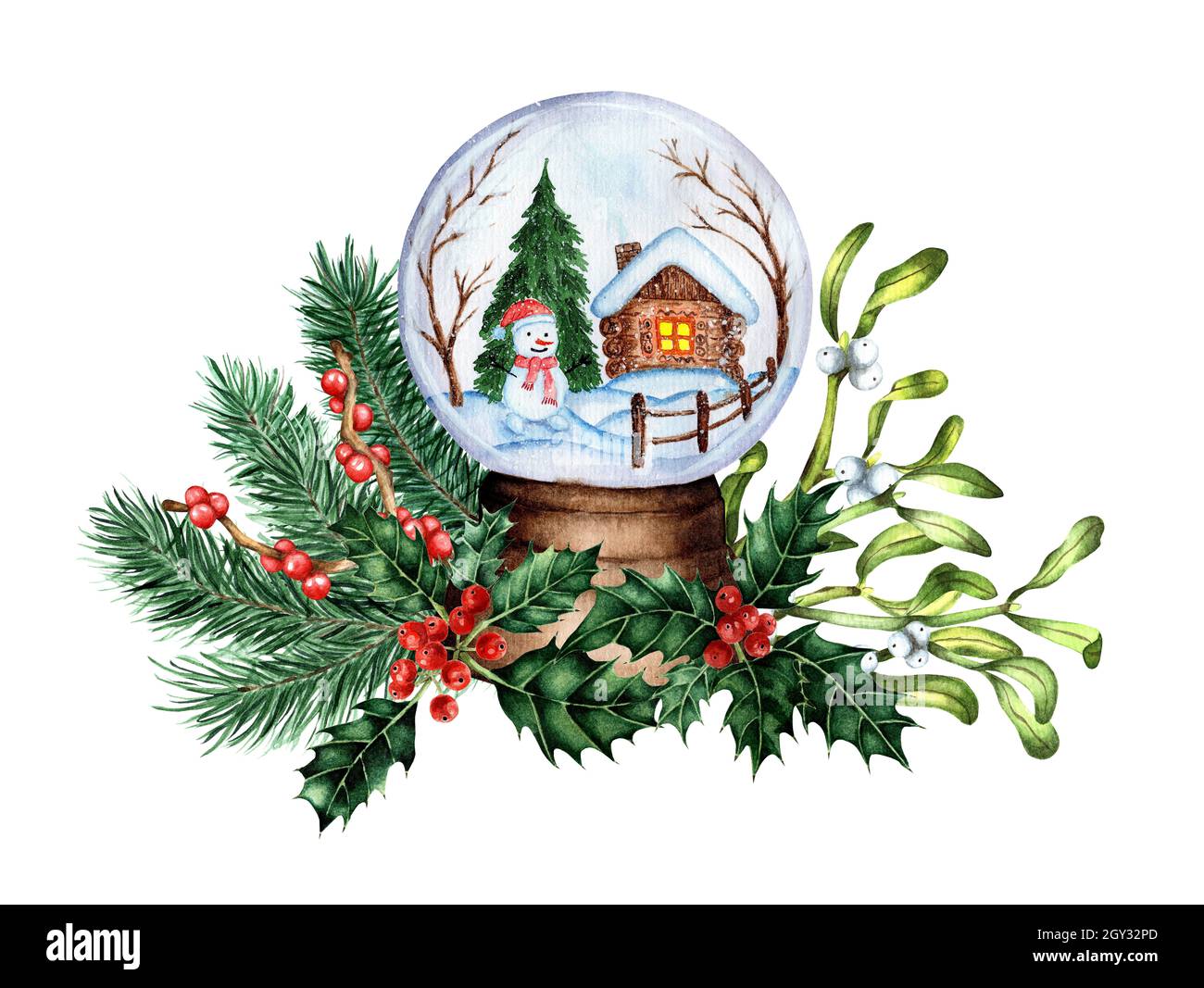 Una palla souvenir con neve decorata con rami di abete, vischio e agrifoglio. Acquerello decorazione snowman, capanna e alberi in una palla di vetro. Isolato su bianco Foto Stock