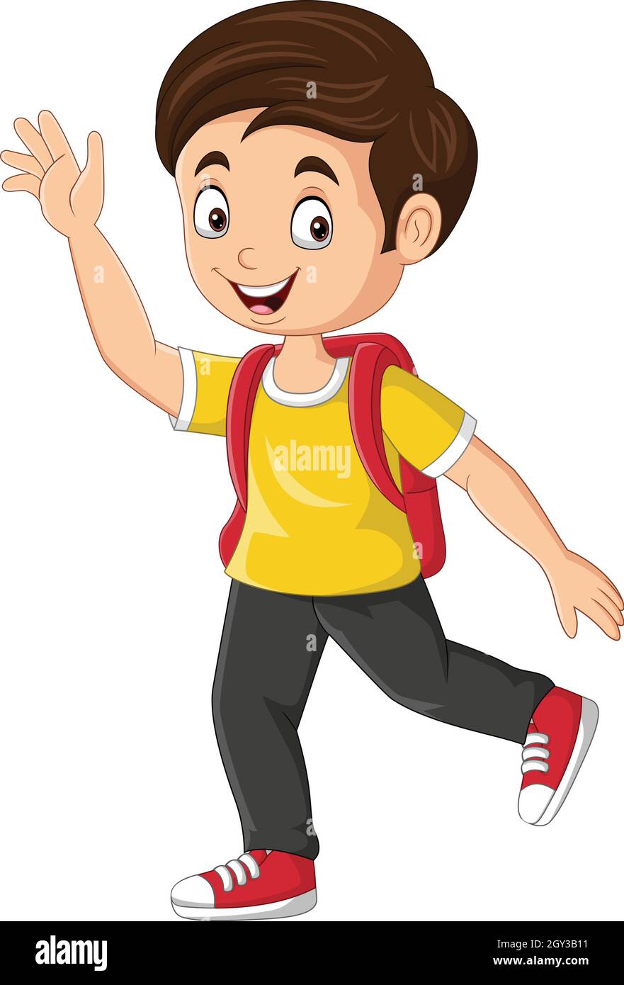 Cartone animato ragazzo felice scuola che agitava la mano Illustrazione Vettoriale