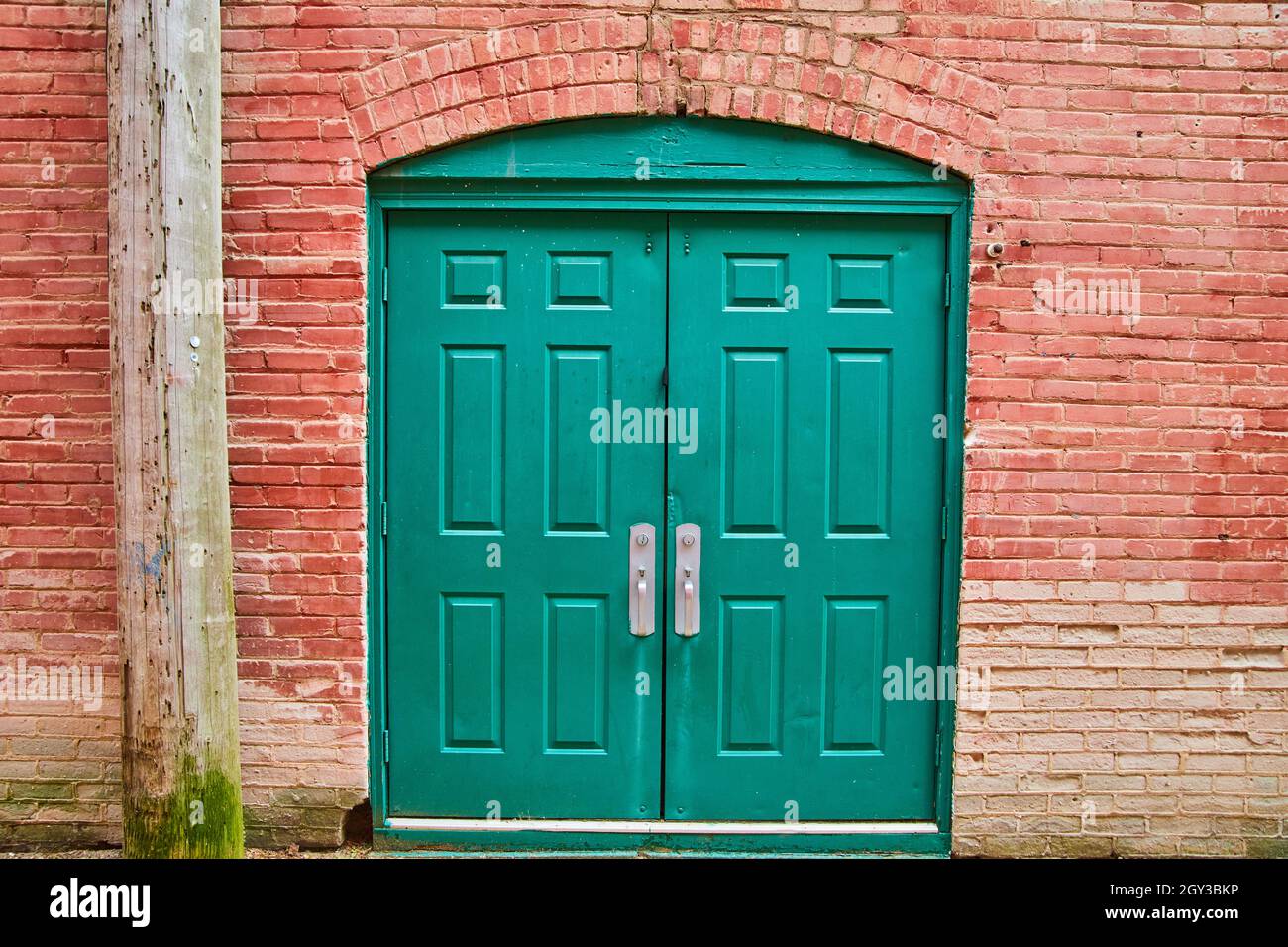 Vicolo doppia porta verde con mattoni rossi Foto Stock