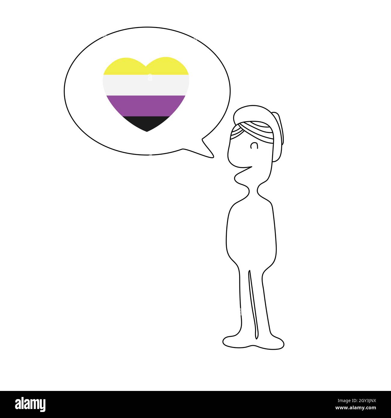 Carino fumetto doodle su persona non-binaria con bolla vocale con la forma colorata del cuore di concetto non-binary persone, linea di inchiostro nero su sfondo bianco Foto Stock