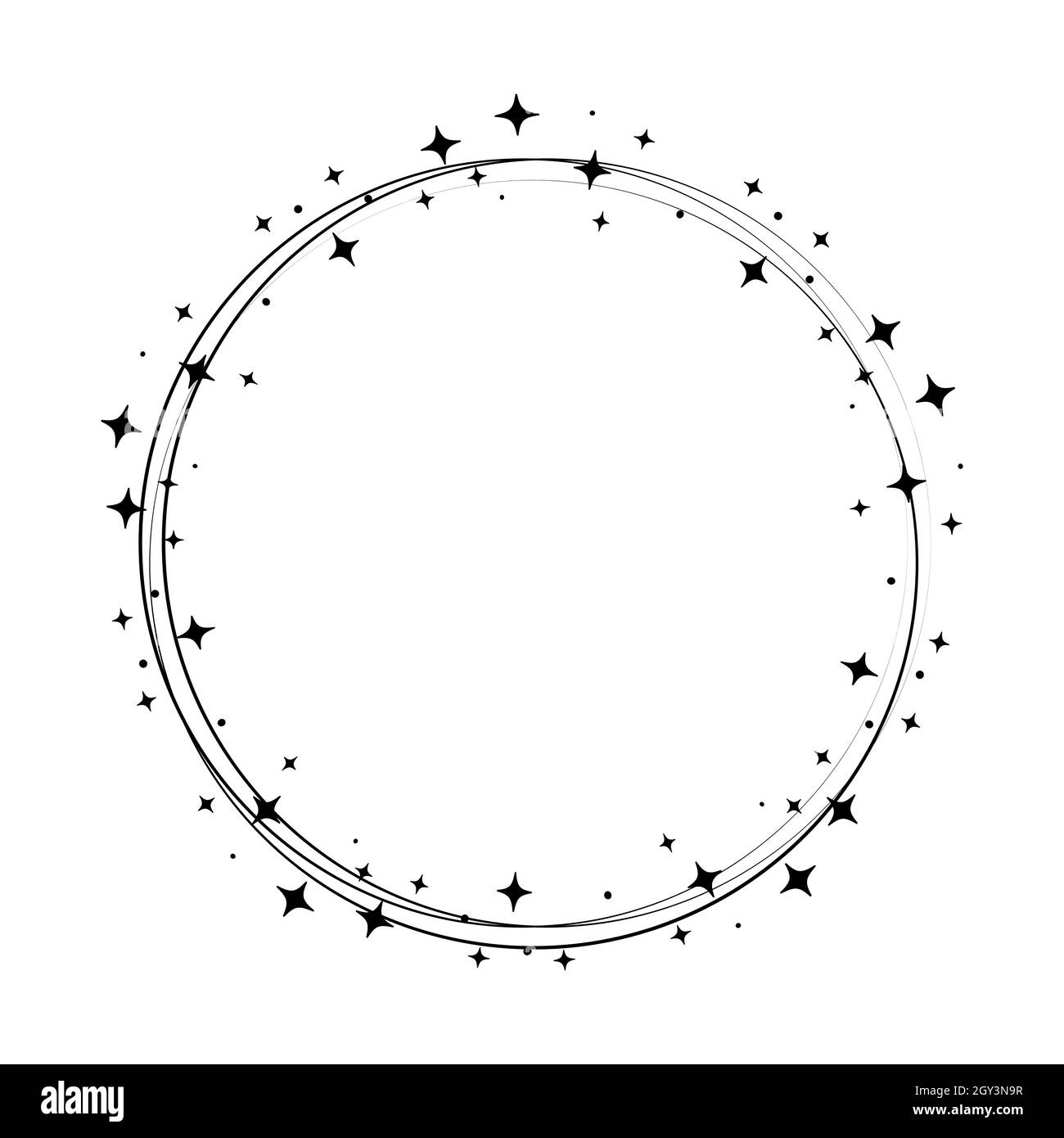 Cornice a stella scintillante. Corona rotonda Stardust bordo per festa, design arredamento compleanno. Telaio Laurel con brillantezza cosmica. Illustrazione del vettore piatto nero isolato. Illustrazione Vettoriale