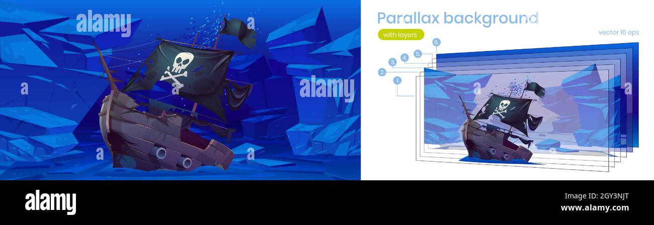 Parallax sfondo per il gioco, nave pirata affondata con vele nere e bandiera con cranio e ossa incrociate sul fondo del mare. Cartoon vettore subacqueo 2d paesaggio con barca di legno rotto dopo strati relitto Illustrazione Vettoriale Parallax sfondo per il gioco, nave pirata affondata con vele nere e bandiera con cranio e ossa incrociate sul fondo del mare. Cartoon vettore subacqueo 2d paesaggio con barca di legno rotto dopo strati relitto Illustrazione Vettoriale