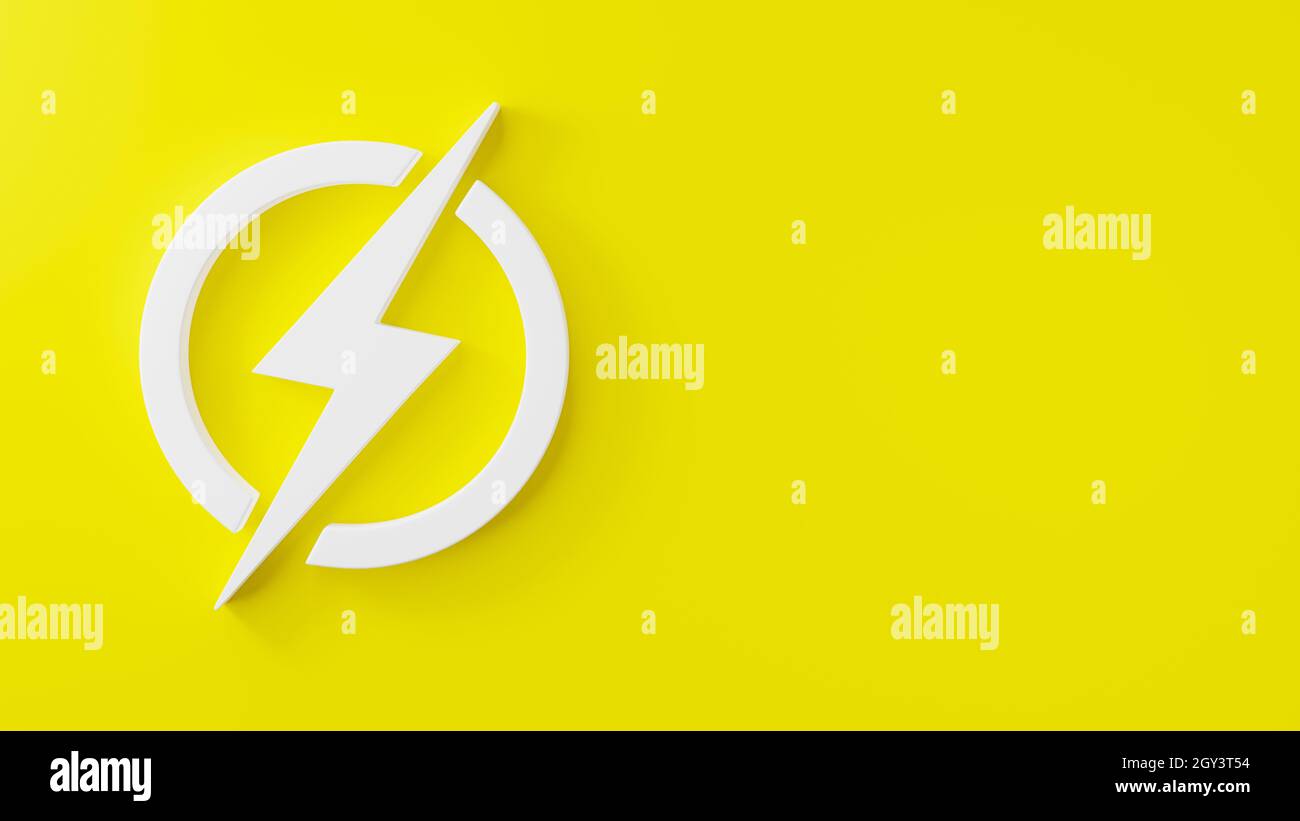 Icona del fulmine, logo dell'elemento elettrico in cerchio, simbolo dell'energia o dell'elettricità del tuono su sfondo giallo, simbolo del fulmine, luce elettrica Foto Stock