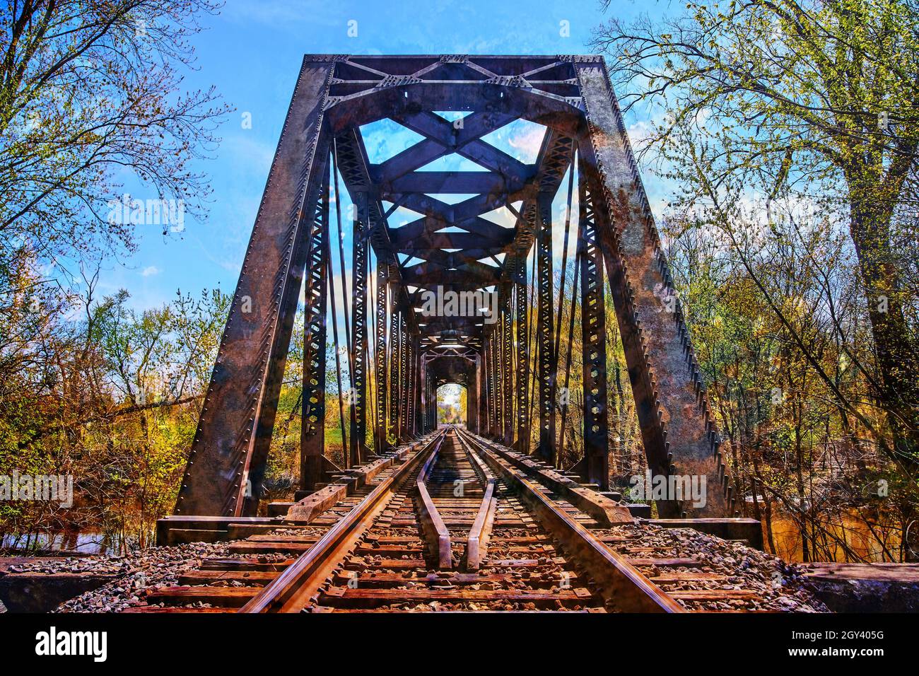 Sovrapposizione texture su vecchio ponte di acciaio per binari ferroviari Foto Stock